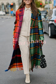 Fashionable Color-block Plaid Print Lapel Long-sleeved Casual Long Coat
