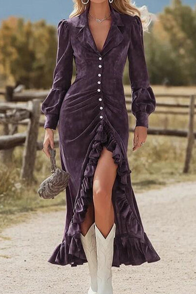 Elegant Long-sleeved Single-breasted Pleated Ruffle Midi Dress