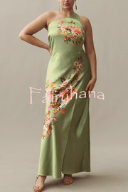 Wedding  Guest Satin Floral Print One Shoulder Side Slit Maxi Dress