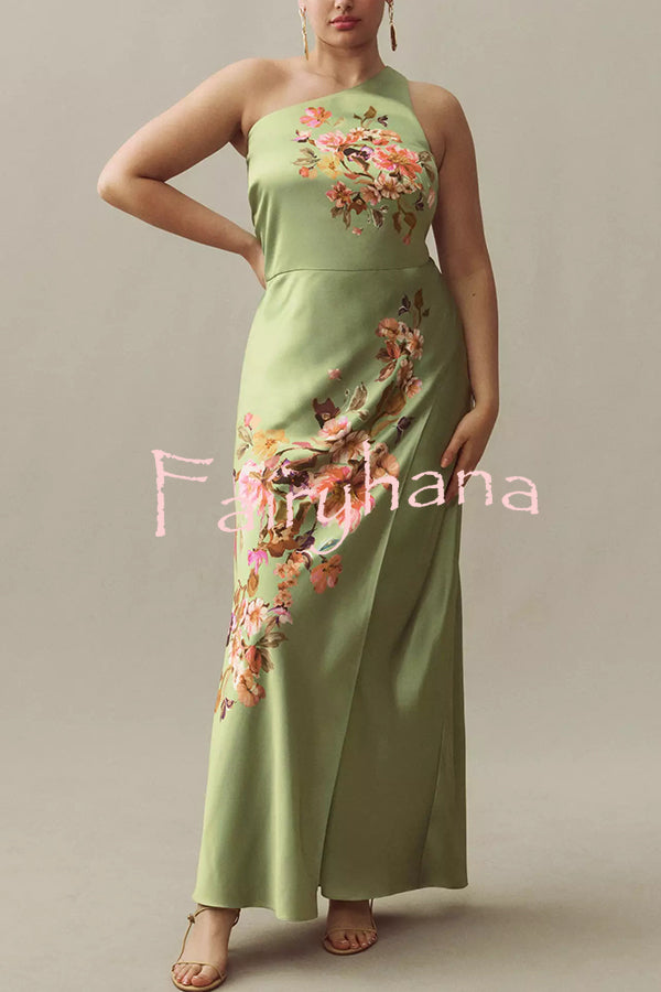 Wedding  Guest Satin Floral Print One Shoulder Side Slit Maxi Dress