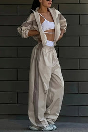 Fashionable Contrasting Long-sleeved Loose Coat and Elastic Waist Wide-leg Pants Set