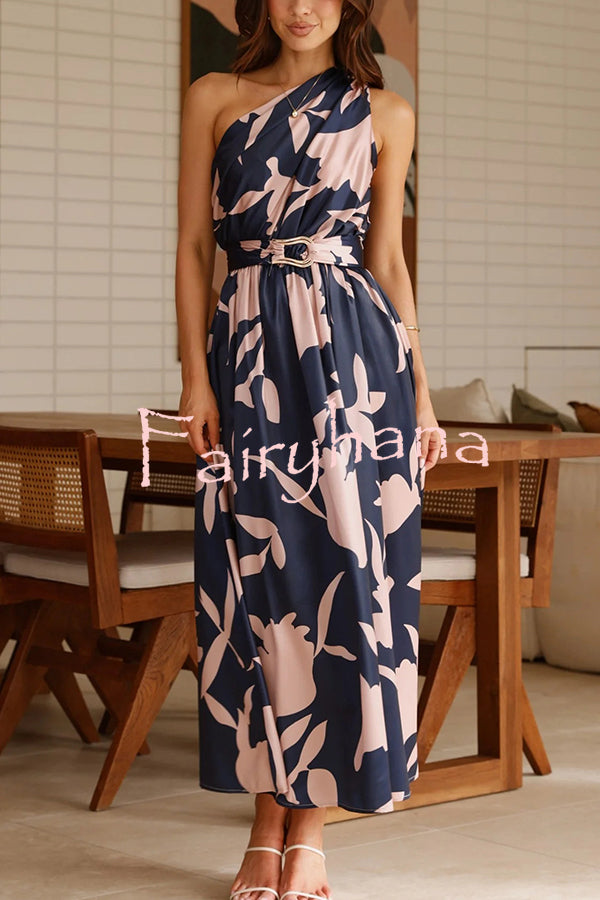 Unique Print Sleeveless One Shoulder Belted Maxi Dress