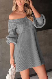 Solid Color V-neck Puff Sleeve Casual Knitted Mini Dress