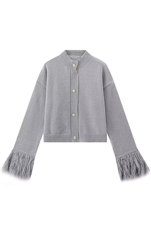 Solid Color Elegant Feather Long Sleeve Casual Knitted Cardigan