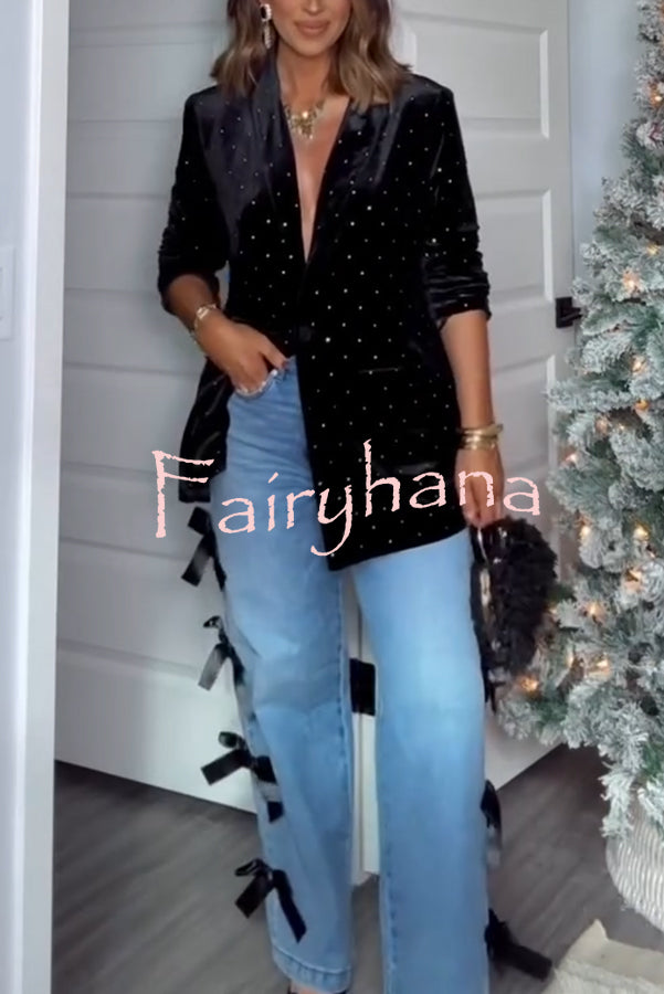 Runway Muse Denim High Rise Bow Trim Pocketed Wide Leg Jeans