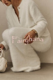 Solid Color Long-sleeved Button-pocket Knitted Jacket and Elegant Long Skirt Set