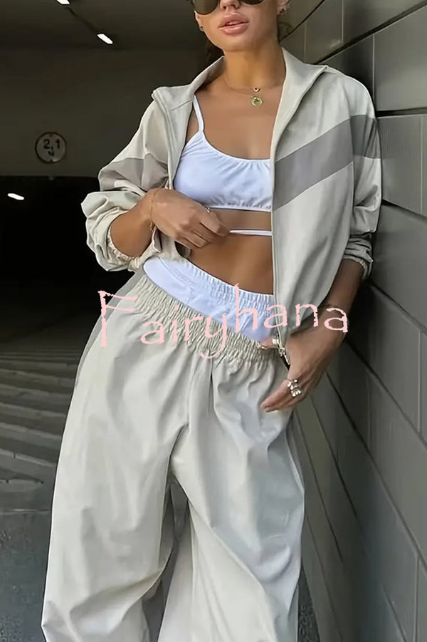 Fashionable Contrasting Long-sleeved Loose Coat and Elastic Waist Wide-leg Pants Set