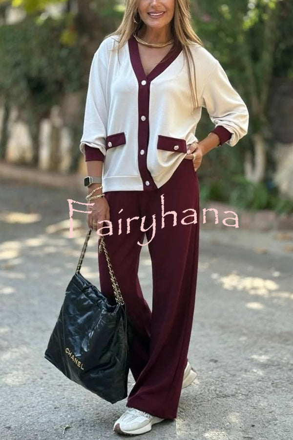 Stylish Color-blocked V-neck Knitted Button-down Cardigan and Elastic Waist Casual Wide-leg Pants Set
