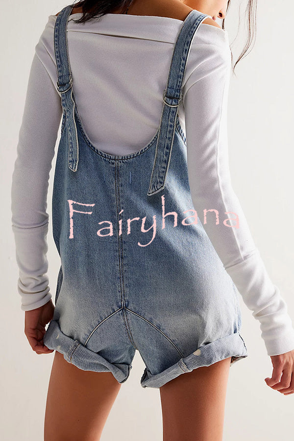 Stylish Loose Sleeveless Pocket Straps Adjustable Denim Rompers