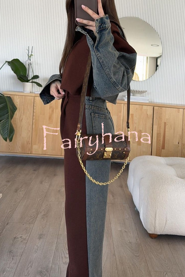 Sports Fashion Denim Patchwork Sweatshirt Fabric Zipper Long Sleeve Loose Jacket