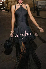 Sexy Halterneck Open Back Elegant Tassel Slim Maxi Dress