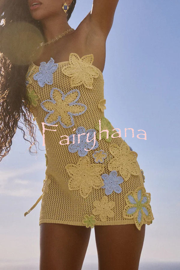 Nammos Knit Crochet Handmade Flower One Shoulder Back Tie-up Stretch Mini Dress