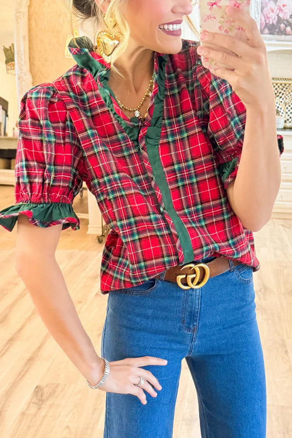 Plaid Print Ruffled Puff Sleeve Casual Shirt