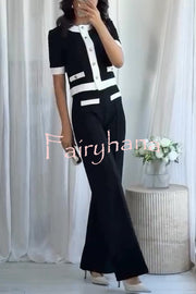 Fashionable Contrast Color Short-sleeved Button-down Top