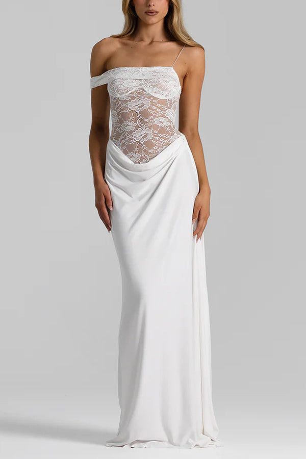 Sexy See-Through Lace Suspender Slim Slit Maxi Dress