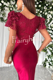 Dreamy Luxury Lace and Satin Patchwork Ruffle Sleeve Ruched Midi Dress