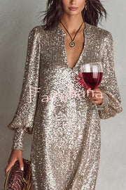 Minimalist Sparkling Sequin V-neck Long Balloon Sleeve Slit Party Maxi Dress