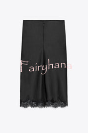 Dolly Satin Lace Trim Mid Rise Slit Drape Midi Skirt