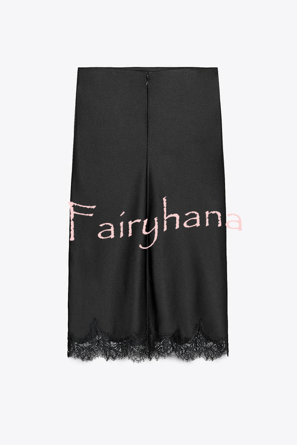 Dolly Satin Lace Trim Mid Rise Slit Drape Midi Skirt
