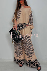 Unique Print Loose Drawstring Long Sleeve Top and Elastic Waist Casual Pocket Wide Leg Pants Set