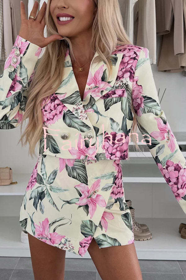 Picture Perfect Botanical Floral Print Long Sleeve Lapel Crop Blazer