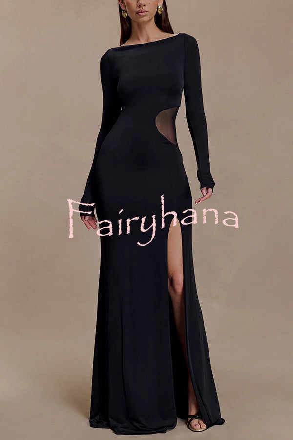 Fashion Long-sleeved Slim Sexy Hollow Slit Maxi Dress