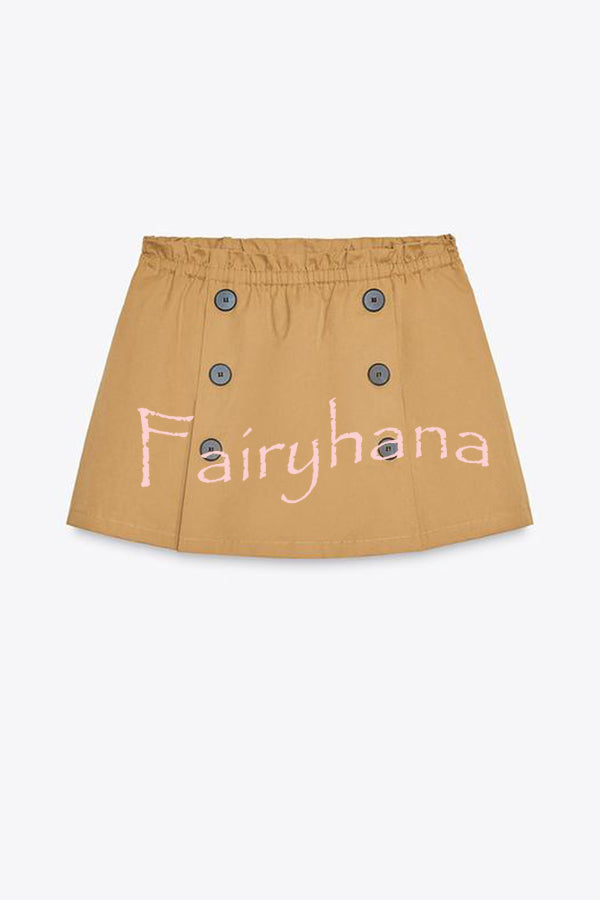 Chic Comfort Mid Rise Elastic Waist Contrast Buttons Pocket Mini Skort