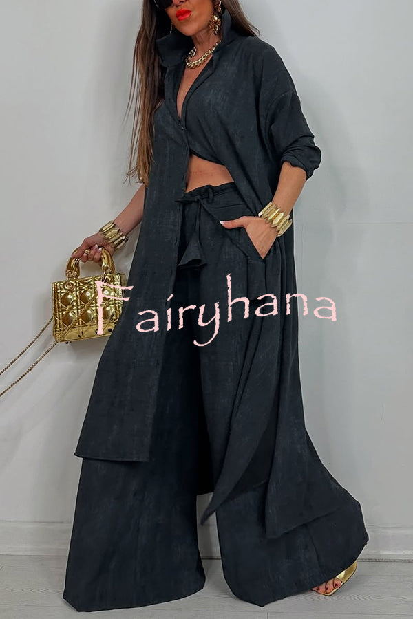 Solid Color Casual Loose Long Shirt and Elastic Waist Pocket Wide Leg Pants Set