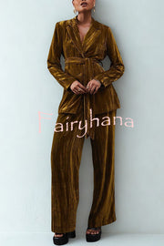 Solid Color Velvet Long-sleeved Waist Tie Top and Elastic Waist Casual Pocket Straight-leg Pants Set