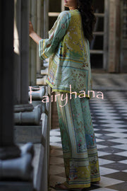 Elonie Satin Floral Print V-neck Half Sleeve Top and Elastic Waist Wide Leg Pants Set
