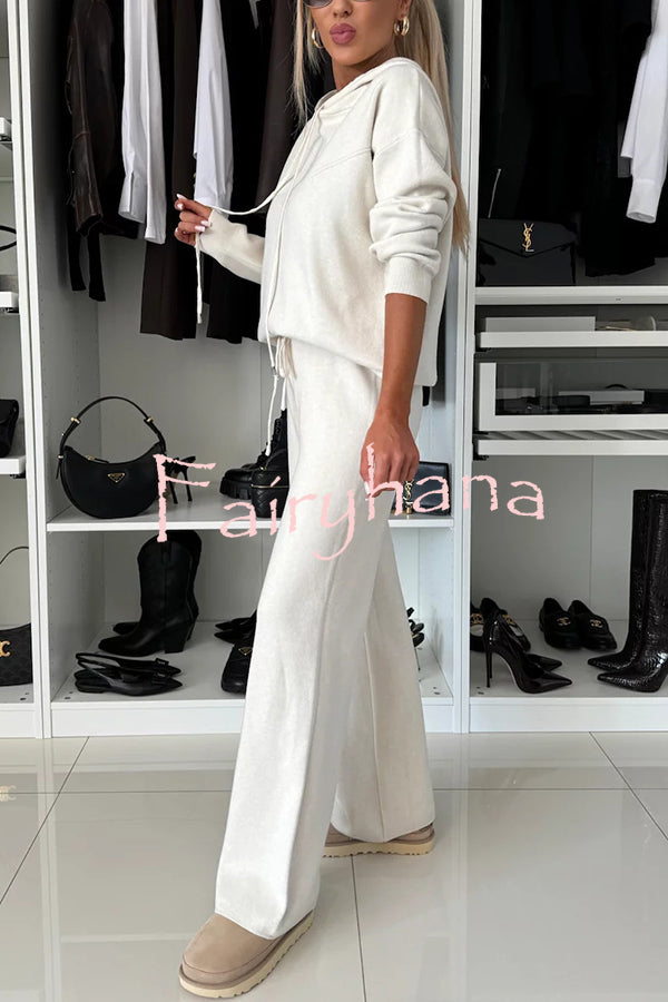 Solid Color Loose Hooded Tie Sweatshirt and Elastic Waist Casual Straight Pants Set