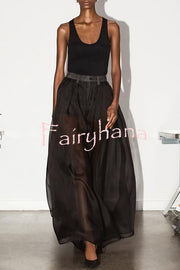 Avant-garde Fashion Denim Flowing Organza Patchwork Pocketed Wide Leg Jeans