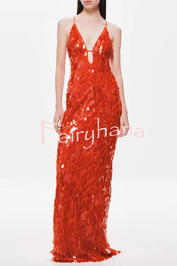 Reshape Beauty Fish Scale Sequin Cutout U-neck Slip Maxi Dress