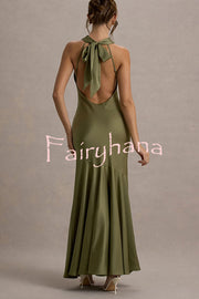 Timeless Sophistication Satin Cowl Detail Back Self-tie Halter Neck Maxi Dress