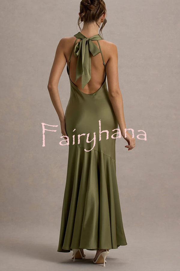 Timeless Sophistication Satin Cowl Detail Back Self-tie Halter Neck Maxi Dress