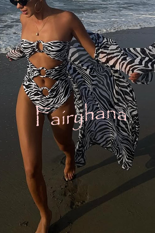Marsie Zebra-print Elastic Drawstring Waist Long Bell Sleeve Cover-up Kimono