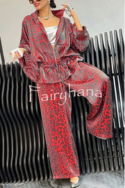Leopard Print Drawstring Waist Zipper Jacket and Elastic Waist Pocket Loose Pants Set