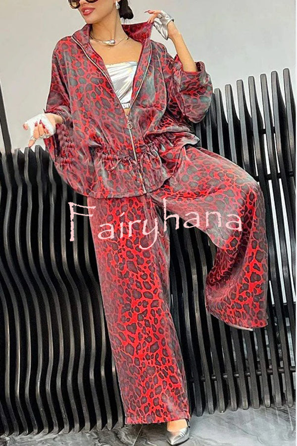 Leopard Print Drawstring Waist Zipper Jacket and Elastic Waist Pocket Loose Pants Set