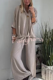 Fashion Striped Print Lapel Loose Top and Elastic Waist Casual Wide-leg Pants Set