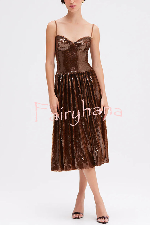 Enchanted Night Sequin Low-cut Corset Balloon Hem Slip Midi Dress