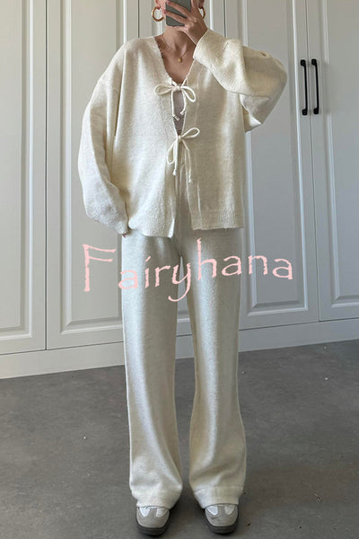Solid Color V-neck Tie Long-sleeved Loose Knit Cardigan and Elastic Waist Casual Straight Leg Pants Set