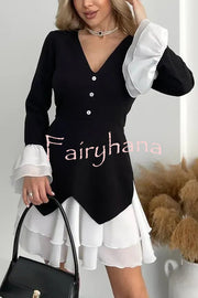 Fashionable Contrast Color Panel Long Sleeve Ruffled Mini Dress