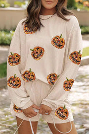 Christmas Sequined Loose Long-sleeved Top and Elastic Waist Casual Shorts Set