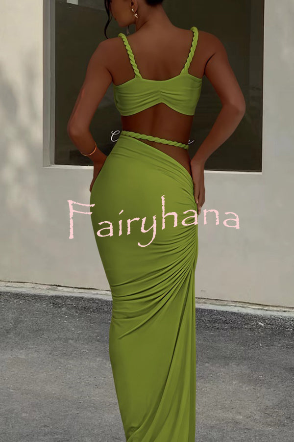 Sexy Halter Back Braided Suspender Top and Beach Holiday Style Hip-wrapped Maxi Skirt Set