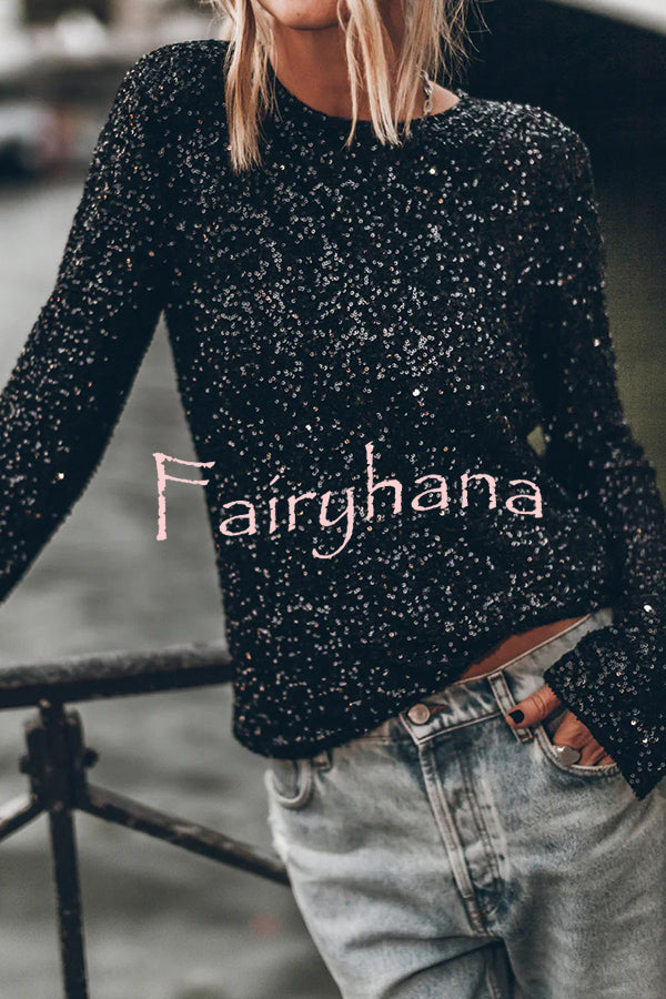 Exclusive Party Sequin Extra Long Slit Sleeves Open Back Top
