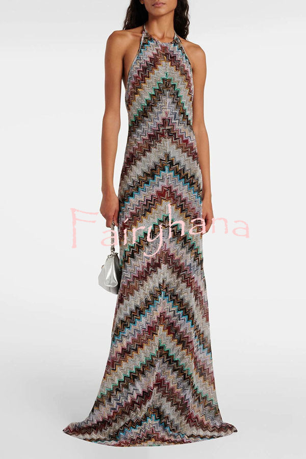 Jodie Knit Colorful Herringbone Print Halter Open Back Maxi Dress