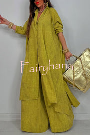 Solid Color Casual Loose Long Shirt and Elastic Waist Pocket Wide Leg Pants Set