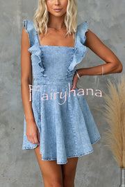 Sweet Secret Denim Square Neck Ruffle Sleeve Stretch Mini Dress