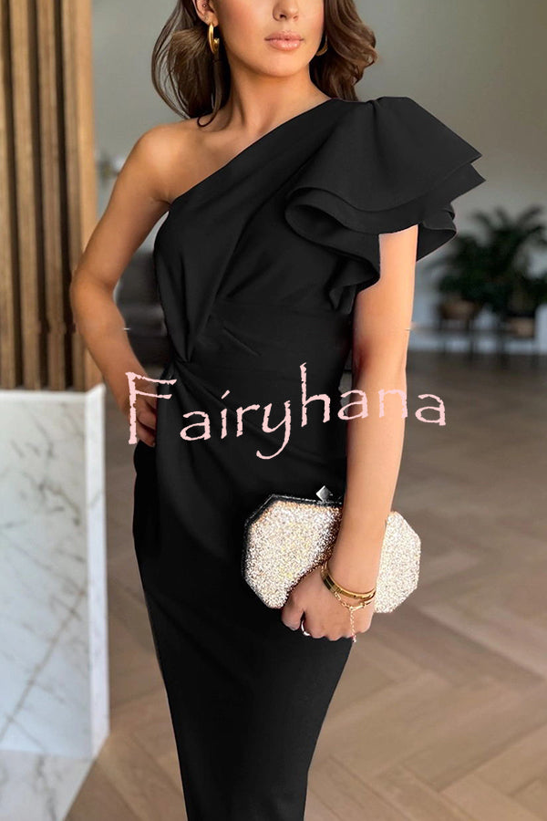 Saona One Shoulder Tiered Ruffle Sleeve Twist Asymmetrical Slit Gown Maxi Dress