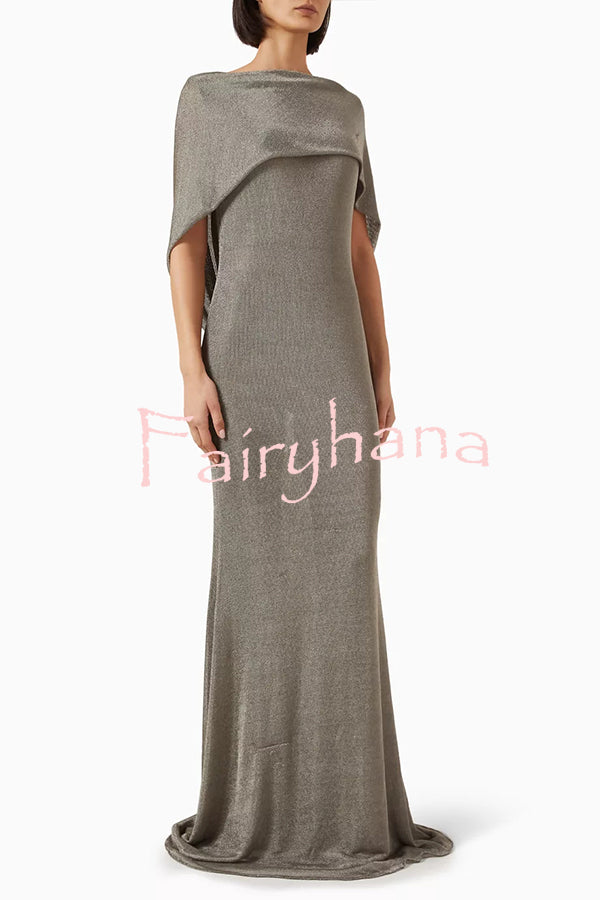 Fit and Elegance Fine Shimmering Fabric Open Cowl Back Draped Neckline Maxi Dress